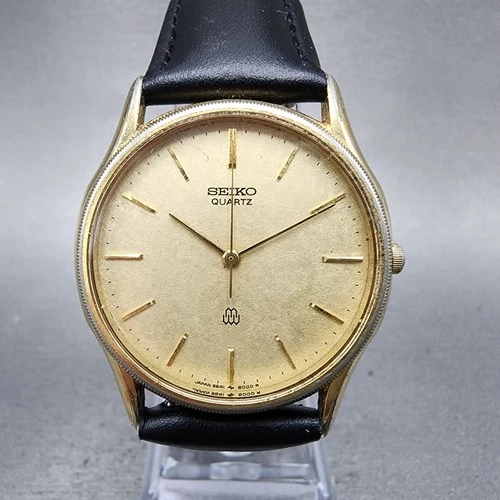 Seiko Watch Men 34mm Gold Dial Gold Tone Round 9641-8000 New Battery VTG