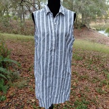 Sigrid Olsen Shirt Dress Womens 1X 100% Linen Henley Buttons Sleeveless Striped