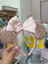 Disney Parks Rose Gold Sequin Pink Satin Bow Minnie Mouse Ears Headband NWT