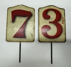 2 Vintage Painted Metal Gas Oil Price Numbers Signs; RARE