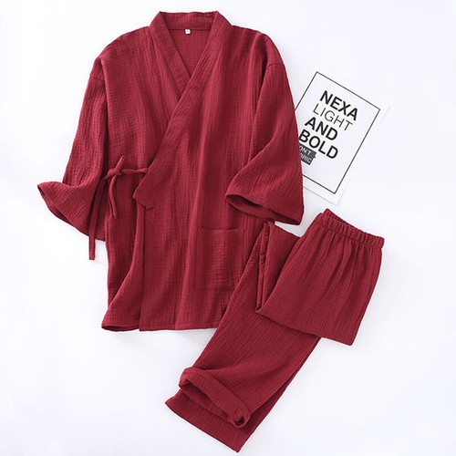 Men Solid Pajamas Set Cotton V-neck Kimono Loose Casual Nightwear Sleepwear Suit - Bild 7 von 10
