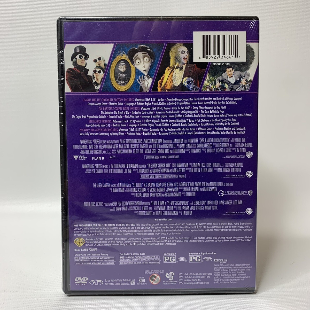 4 Tim Burton Films Collection DVD Beetlejuice Corpse Bride Charlie