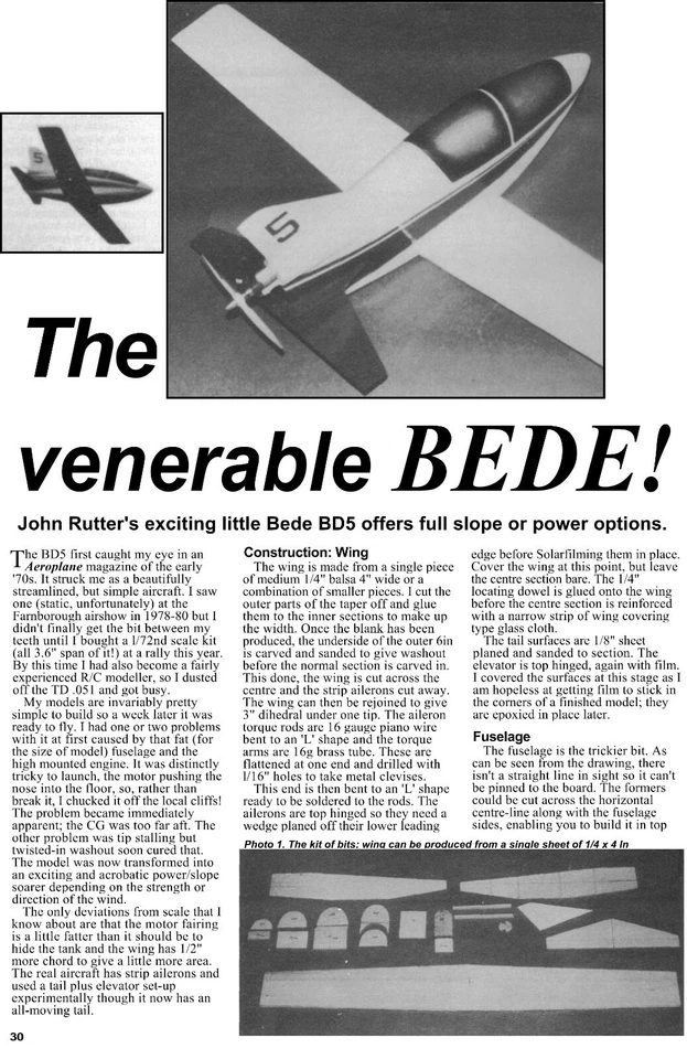 Model Airplane Plans (RC): Bede BD-5 36" Scale Full-Slope or ½A Power  - Image 2 of 4