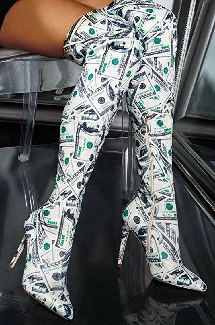 Thigh high money sales print boots