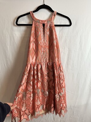 BCBG Maxazria Coral Pink Art  Deco Lace  Megyn  Halter Neck Dress