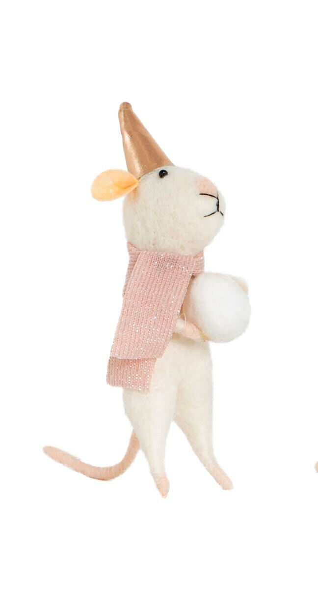 Sass & Belle Snowball White Mouse Pink Scarf Felt Christmas Hanging Decoration