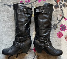 ALDO round toe mid-calf cuban heel black leather buckle boots UK 5/38