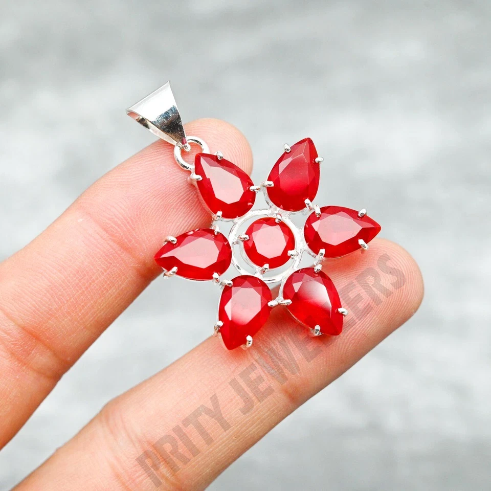 Kashmir Red Flower Pendant 925 Sterling Silver Handmade Jewelry Gift - Image 2 of 4