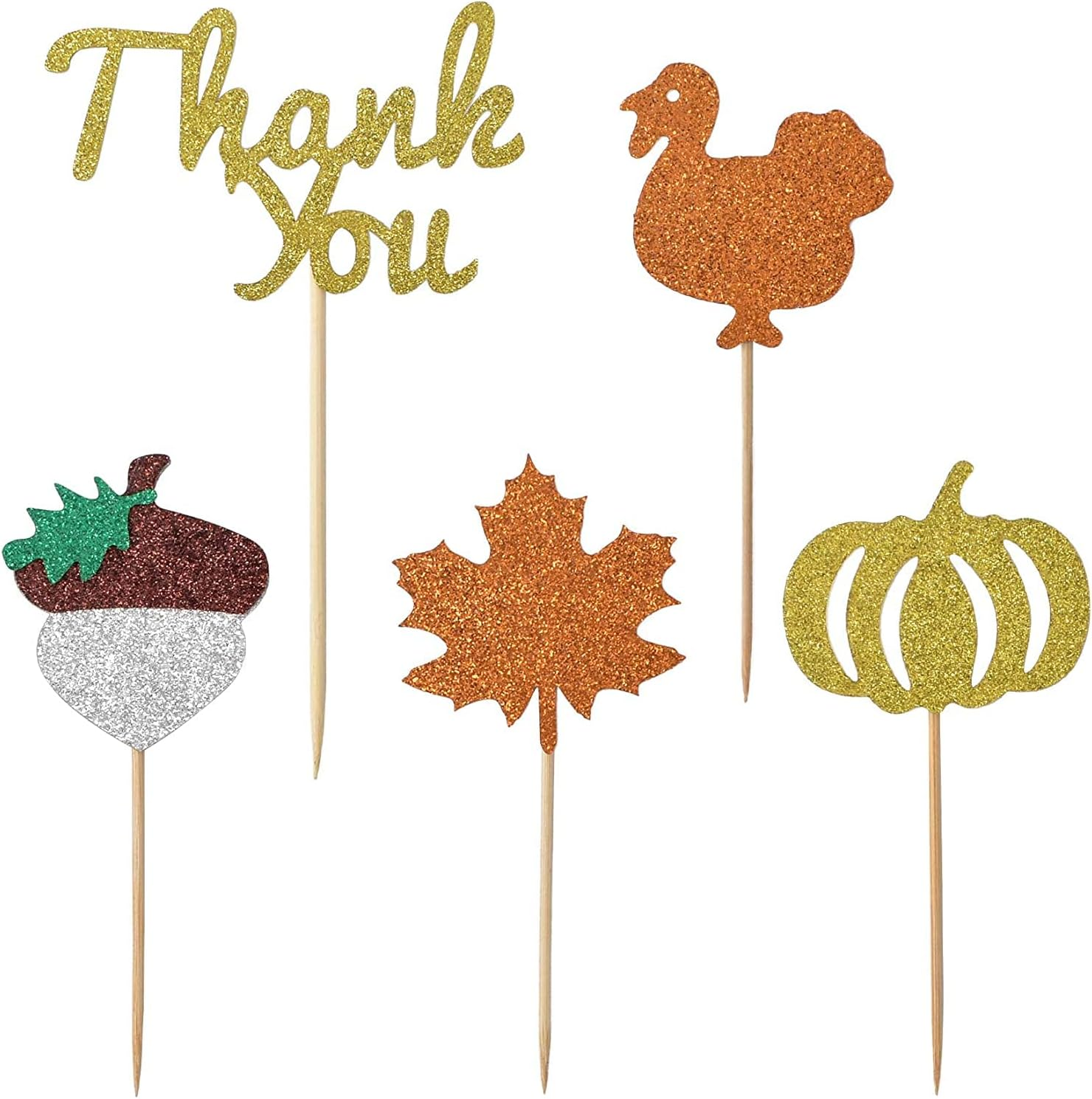 Thanksgiving Cupcake Toppers, 36 Pcs Glitter Turkey Pumpkin Maple Leaf Chestnut