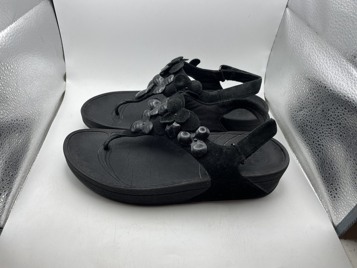 Fitflop Women Sandal Florent Size 9 Black Floral Toe Thong Shoes | eBay