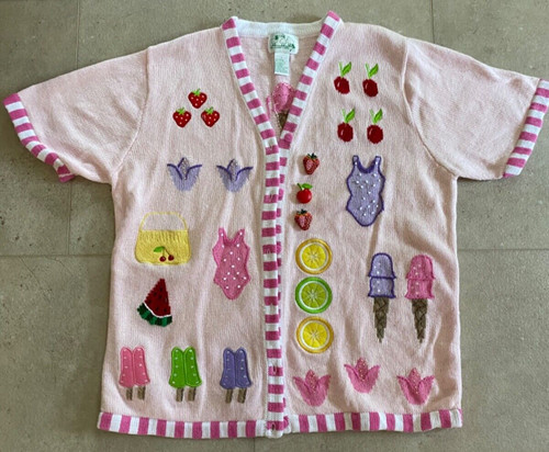 The Quacker Factory Cherry and Strawberry Sundae Summer Cardigan Size Large Pink