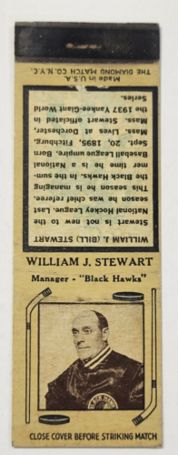 1930's William J Stewart Chicago Black Hawks NHL Hockey Diamond Matchbook Cover - Picture 1 of 4