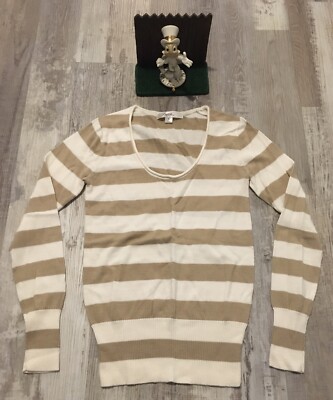 Old Navy Women's Light-Weight Sweater S Cream Beige Stripe Scoop Neck Wool Blend