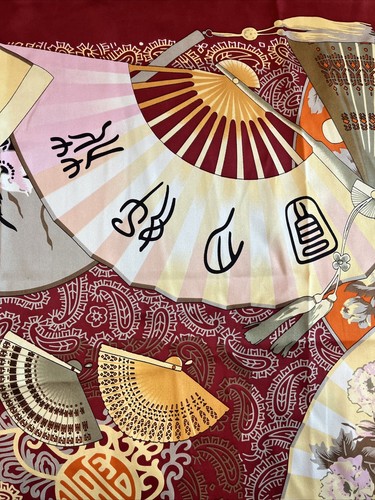 New Asilk Traditional Japanese Wildlife & Fans 100% Silk Square Scarf Red/Yellow - Picture 9 of 9
