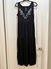 St John’s Bay Black Large Petite Tank Maxi Dress Tassels Tie Embroidered