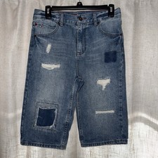 Tommy Hilfiger boys Youth Size 18 Patchwork Distressed Medium Wash Denim Shorts