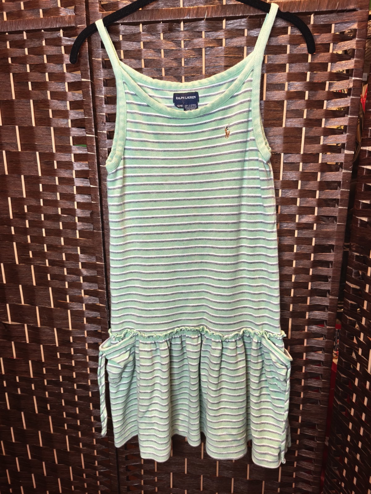 Polo Ralph Lauren Girls Striped Drop Waist Dress Size L 12-14 Green Cotton