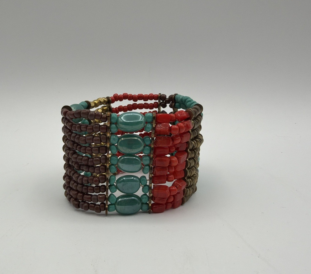 Wide Multicolor Beaded Stretch Cuff Bracelet Boho… - image 2