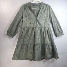 Zara Mini Babydoll Dress Small Green Floral Eyelet Cotton Boho Cottage Tiered