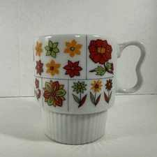 Flower Coffee Mug Cup Retro Stackable Japan Mod Red Orange Green *scuffed