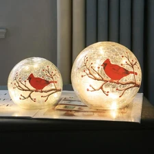 Large Crackle Glass Ball Cardinal Lamp, Light up Red Cardinal Stained Glass Chri