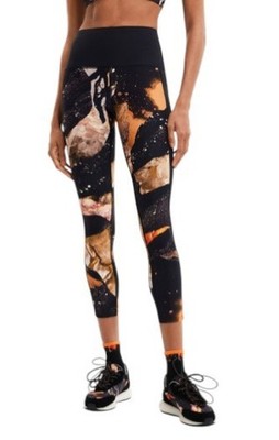 DESIGUAL Flore Damen Leggings S Schwarz Mineral Digital Print Cropped Stretch