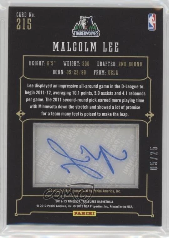 2012 Panini Timeless Treasures Glass Silver /25 Malcolm Lee #215 Rookie Auto RC - Image 2 of 2