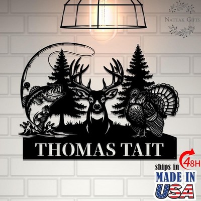 Personalized Hunting Metal Name Sign Deer Turkey Fishing Wall Art Gift Decor