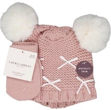 Laura Ashley Pink Pompom Now Designed Lined Hat  Mittens 6-12 Months