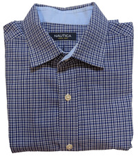 Nautica Men's Neck 16 32/33 L/Sleeve Dress Shirt Blue Gingham Check Button Down