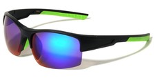 Sports Wrap-Around Half Frame Matte Black Sunglasses Green Purple Mirror Lens