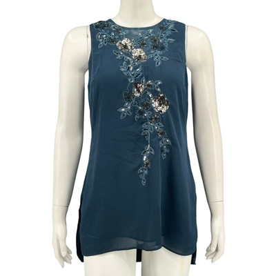 #ad #ad White House Black Market Top Women 2 Blue Green Teal Floral Sequins Beaded Fairy $3.03