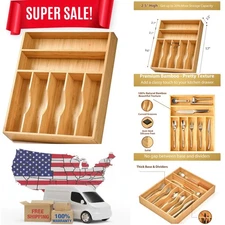 Deep Bamboo Drawer Organizer–Expandable Utensil and Silverware Tray for Kitchen
