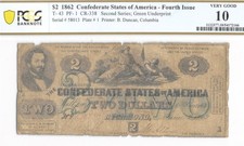 T-43 $2 Confederate CSA Note 1862 Green Underprint Judah P Benjamin PCGS VG 10