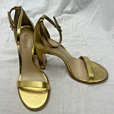 Schutz Suzy Lee Leather Ankle Strap Sandal w/ Block  Heels-Gold Sz 7B-Worn Once