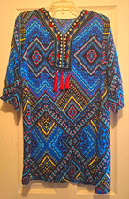 Unbranded Boho Style Blue Multi Color Tunic Dress Large