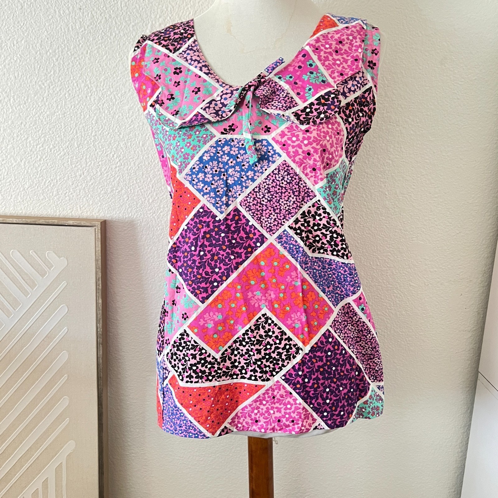 Handmade Womens Collared Blouse Patchwork Sz M Po… - image 1