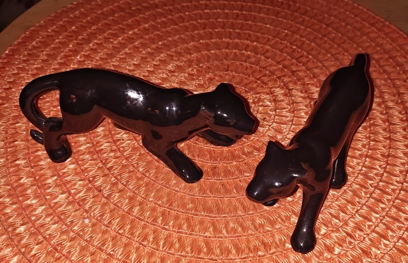 Ceramic Panther jaguar Figurines Black  lot of 2 Decorative Collectible MCM