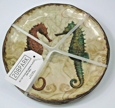 208 Park Set of 4 Melamine Salad Side Lunch Plates Turtle Seahorse Shell Tropics