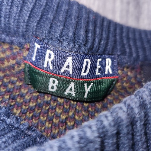 Trader Bay VTG Sweater Medium Crew Neck Knit Plaid Pattern Blue Brown Grandpa - Picture 2 of 7