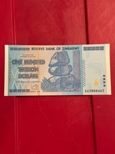 Authentic Zimbabwe 100 Trillion Dollars, CIRCULATED Currency, AA/2008, P-91, UV+