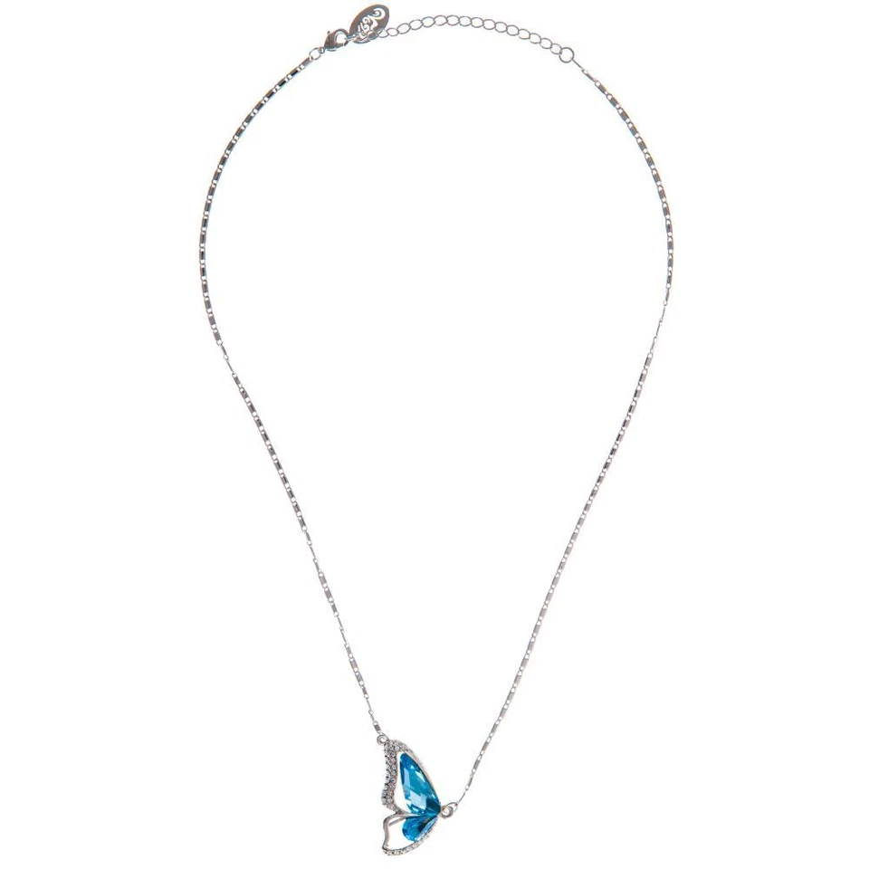 16" Rhodium Plated Necklace w/ Butterfly Wing & Ocean Blue Crystals by Matashi - Image 3 of 4