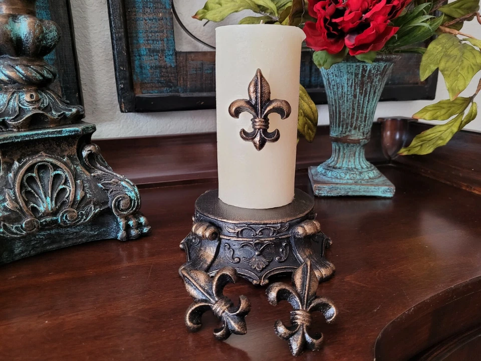 Juego de 3 Pin Vela Flor de Lis Hierro Fundido Antiguo Mundo Toscano Medieval Decoración Arte Foto 3 de 4