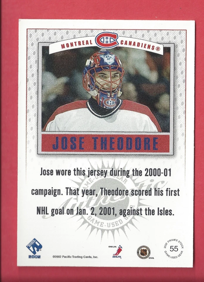 2001-02 Pacific Private Stock Game-Used Gear 55 JOSE THEODORE Hockey Card - Image 2 of 2