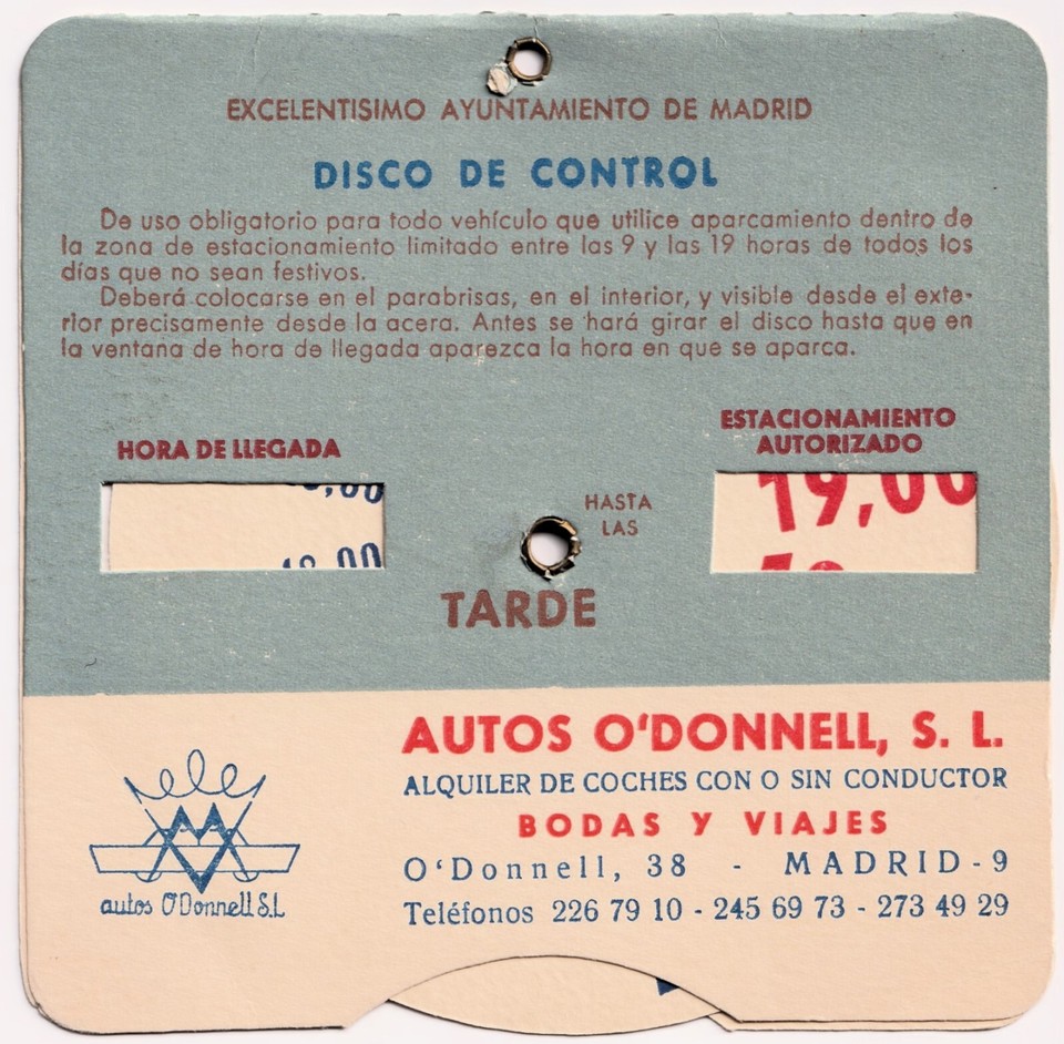 Vintage Mechanical Parking Disc Madrid Spain O'Donnell Car Rental