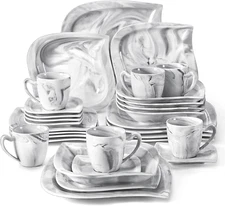 Dinnerware Sets for 6, 30 Piece Porcelain Plates and Bowls Sets, Marble Dish Set