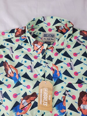 RSVLTS Dare Mighty Things Mens Shirt Large Green Button Up Short Sleeve New