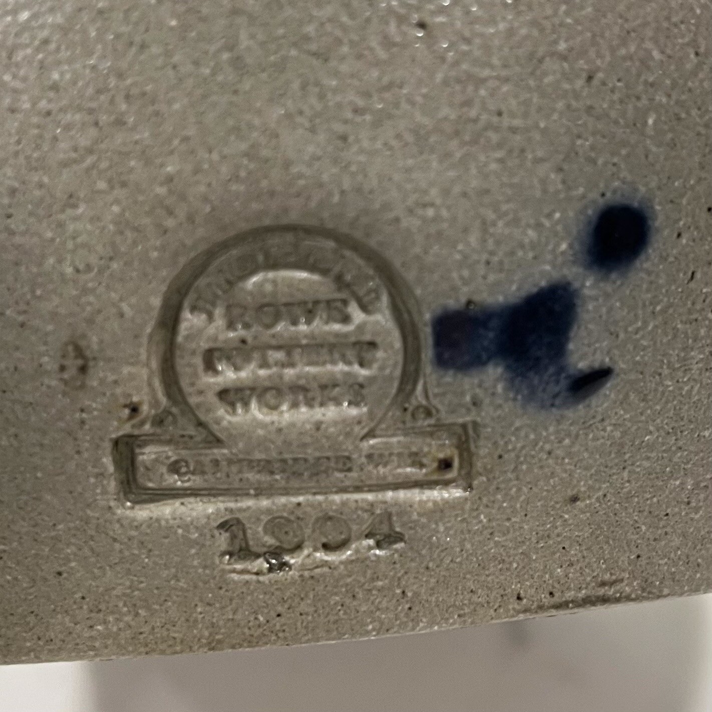 Rowe Pottery Works Medium Salt Glazed Mixing Bowl 8” Diameter Blue Heart 1994