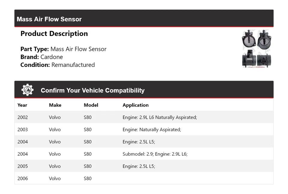 Sensor de flujo de aire masivo Cardone 2003 2004 2005 para Volvo S80 2002-2006 Foto 2 de 4
