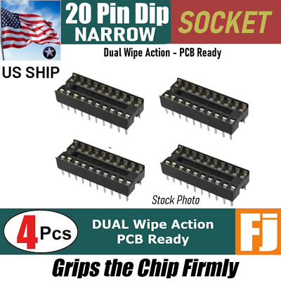 4 Pcs 20 Pin Narrow DIP IC Socket Adaptor Solder PCB-Mount | Dual Wipe | US Ship